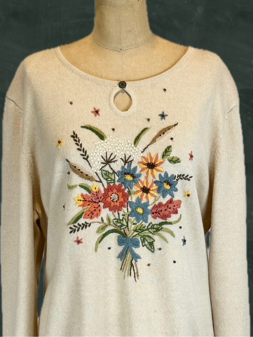 VINTAGE wildflower bouquet knit sweater yarn floral embroidery garden prairie 1X
